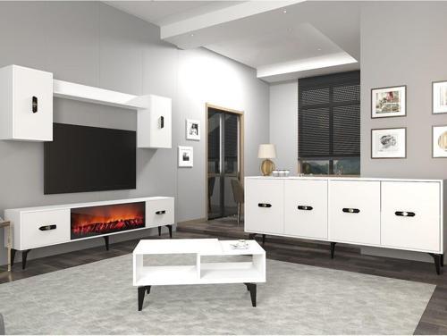 DemonteHome Flydh 180 Cm Şömi̇neli̇(B) Tv Üni̇tesi̇, Konsol(Kx180) Ve Orta Sehpa Salon Takimi Beyaz