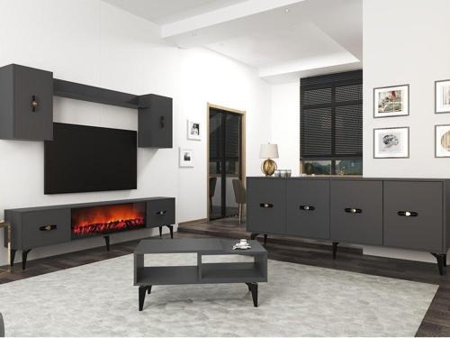 DemonteHome Flydh 180 Cm Şömi̇neli̇(B) Tv Üni̇tesi̇, Konsol(Kx180) Ve Orta Sehpa Salon Takimi Antrasi̇t