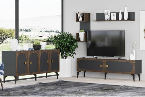 DemonteHome Owendh Tv Üni̇tesi̇,Konsol 2'Li̇ Salon Takimi Antrasi̇t-(Cevi̇z Desen)