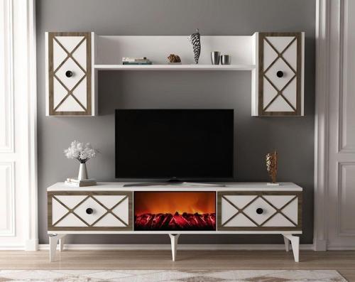 DemonteHome Helendh Şömi̇neli̇ Tv Üni̇tesi̇ Takimi Beyaz (Cevi̇z Desen)