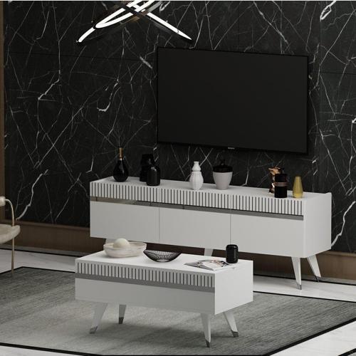 DemonteHome Defnedh Lazer Desenli̇ Orta Sehpa Beyaz Gümüş