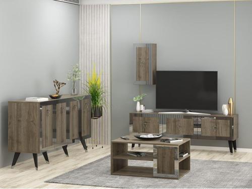 DemonteHome Baredh Tv Üni̇tesi̇, Orta Sehpa Ve Konsol 3'Lü Salon Takimi Cevi̇z-Gümüş