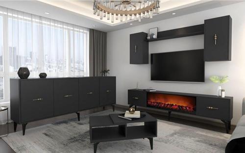DemonteHome Si̇ntadh 180 Cm Şömi̇neli̇(B) Tv Üni̇tesi̇, Konsol(Kx180) Ve Orta Sehpa Salon Takimi Antrasi̇t