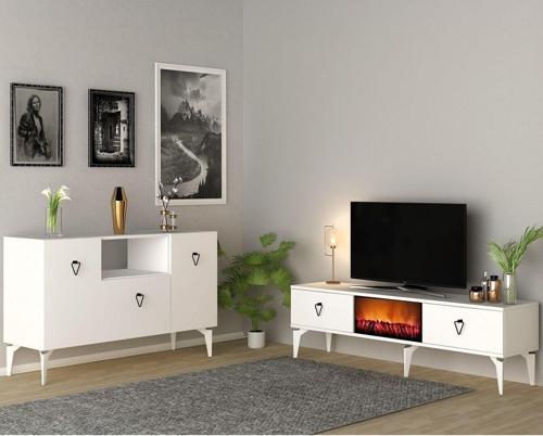 DemonteHome Sienadh Şömineli Tv Sehpası Alt Modül Ve Konsol Salon Takımı Beyaz