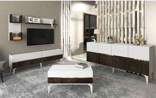 DemonteHome Tedydh Tv Üni̇tesi̇,Konsol Ve Orta Sehpa 3'Lü Salon Takimi Beyaz-Cevi̇z-Altin