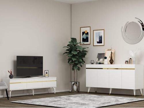 DemonteHome Defnedh Tv Sehpasi Ve Konsol 2'Li̇ Salon Takimi Beyaz-Altin