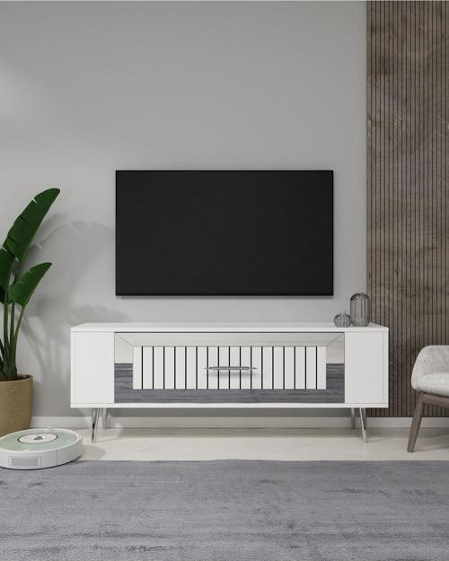 DemonteHome Retrolp3Dh Tv Sehpasi Beyaz Gümüş
