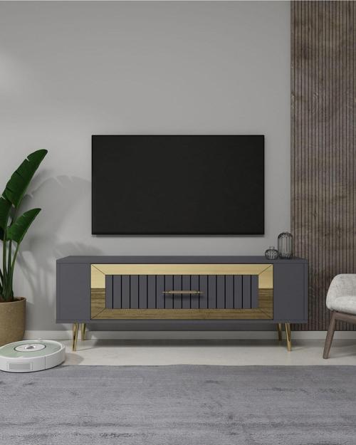 DemonteHome Retrolp3Dh Tv Sehpası Antrasit Altın