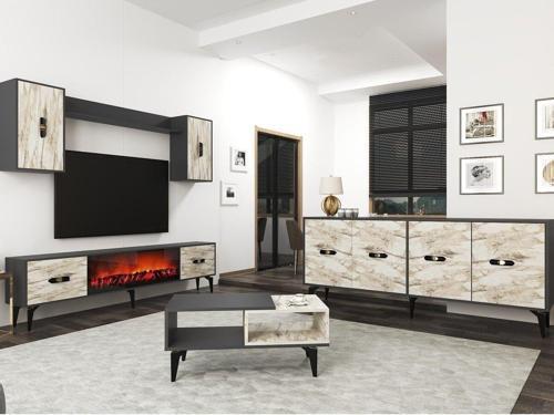 DemonteHome Flydh 180 Cm Şömi̇neli̇(B) Tv Üni̇tesi̇, Konsol(Kx180) Ve Orta Sehpa Salon Takimi Antrasi̇t Efesmermer