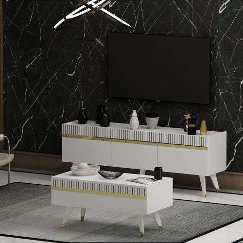DemonteHome Defnedh Lazer Desenli̇ Orta Sehpa Beyaz Altin