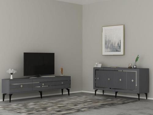DemonteHome Novadh Tv Sehpası Alt Modül Ve Konsol 2 Li Salonn Takımı Antrasit Gümüş