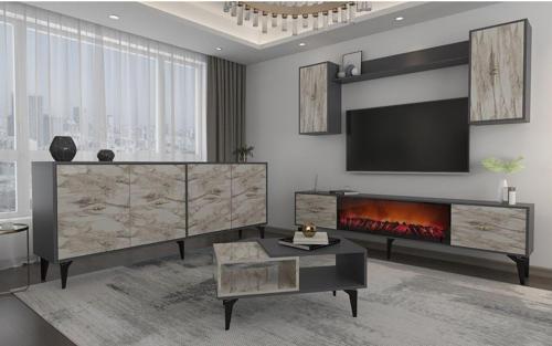 DemonteHome Si̇ntadh 180 Cm Şömi̇neli̇(B) Tv Üni̇tesi̇, Konsol(Kx180) Ve Orta Sehpa Salon Takimi Antrasi̇t Efesmermer