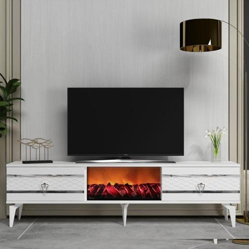 DemonteHome Peli̇ndh Tv Sehpasi Şömi̇neli̇ Beyaz-Gümüş