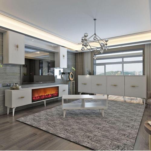 DemonteHome Si̇ntadh 180 Cm Şömi̇neli̇(B) Tv Üni̇tesi̇, Konsol(Kx180) Ve Orta Sehpa Salon Takimi Beyaz