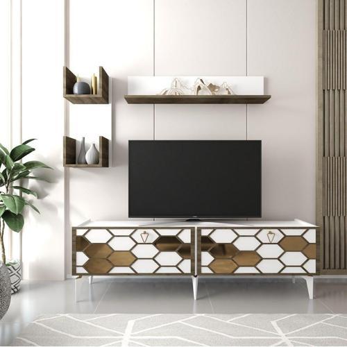 DemonteHome Petekdh Tv Üni̇tesi̇ Takimi Beyaz-Altin (Cevi̇z Desen)