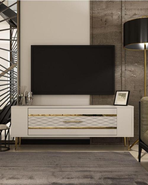 DemonteHome Retrolp2Dh Tv Sehpasi Beyaz Altin