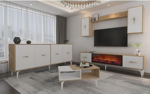 DemonteHome Si̇ntadh 180 Cm Şömi̇neli̇(B) Tv Üni̇tesi̇, Konsol(Kx180) Ve Orta Sehpa Salon Takimi Safi̇rmeşe Beyaz
