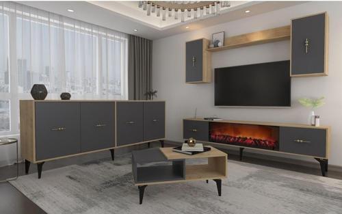 DemonteHome Si̇ntadh 180 Cm Şömi̇neli̇(B) Tv Üni̇tesi̇, Konsol(Kx180) Ve Orta Sehpa Salon Takimi Safi̇rmeşe Antrasi̇t