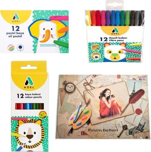 12 Li Pastel Boya Keçeli Boya Kuru Boya Ve Resim Defteri