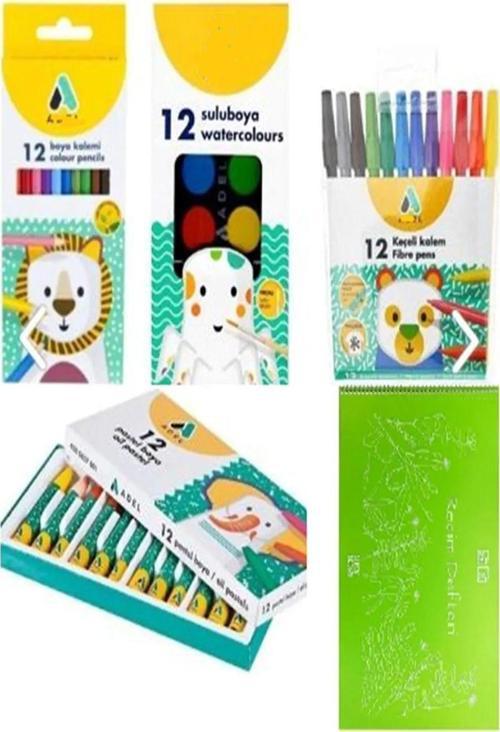 5 li Boya Seti Kuru Boya +  Sulu Boya + Pastel Boya + Keçeli Boya + Resim Defteri