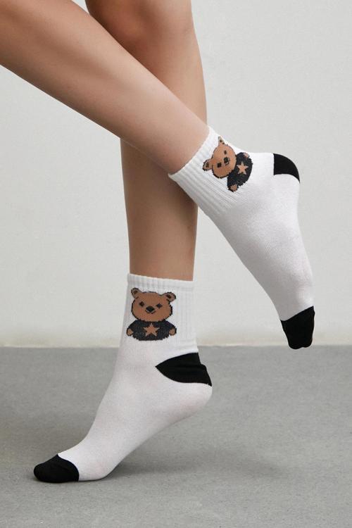 4' Lü Rocker Bear Kolej Çorap Seti Beyaz