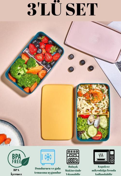 3’Lü Bölmeli Saklama Kabı Seti- Beslenme Yemek Kutusu Lunch Box