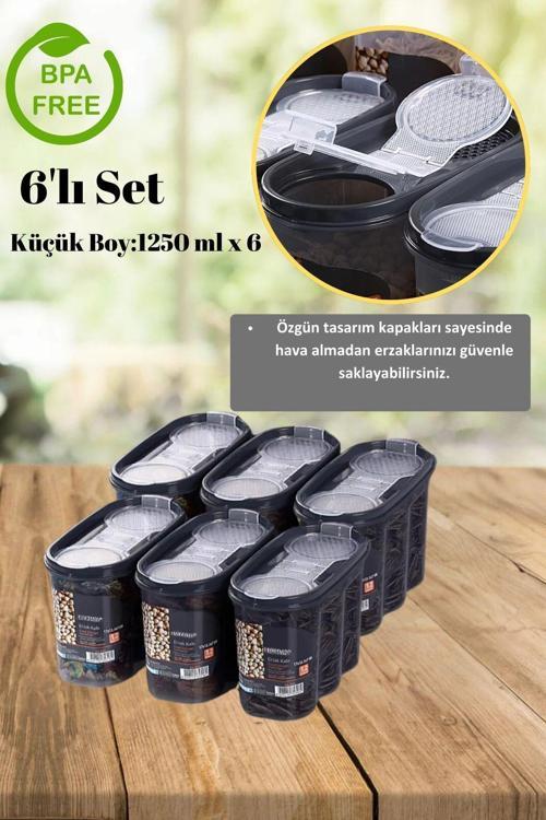 6'Li Sızdırmaz Kapaklı Küçük Boy Erzak Saklama Kabı Seti 6 X ( 1250 Ml)