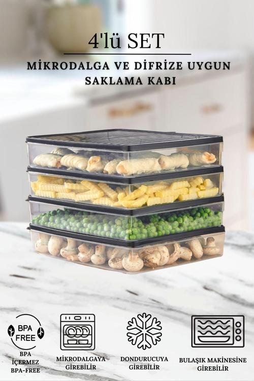 Buzdolabı Ve Mikrodalga Saklama Kabı - Gri Buzdolabı Organizeri 4X2800Ml