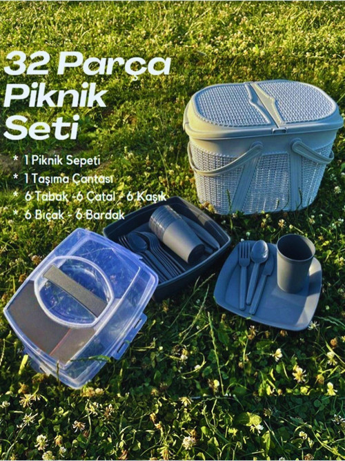 Home 32 Parça Piknik Seti Sepet Çantalı Bardak,Çatal,Kaşık,Bıçak,Tabak Seti 32 Piece Picnic Set.