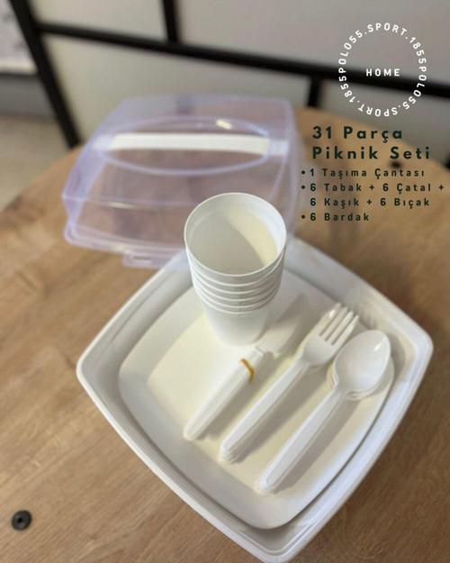 Home Beyaz 31 Parça Piknik Seti (6 Bardak, 6 Çatal, 6 Bıçak, 6 Tabak, 6 Kaşık, 1 Taşıma Çantası)