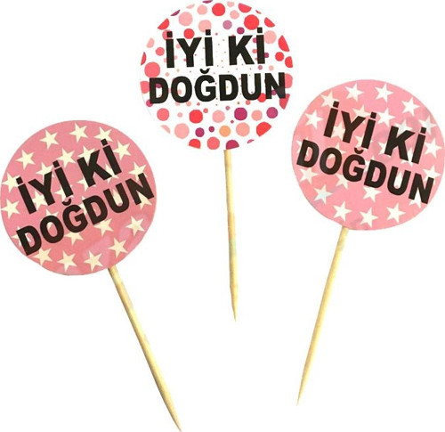 Pembe Renk İyiki Doğdun Yazılı Yıldız Yuvarlak Desenli Kürdan Süs 20 Adet