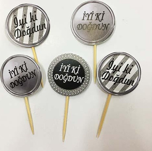 Siyah Gümüş Renk İyiki Doğdun Parti Kürdan Süsü 20 Adet