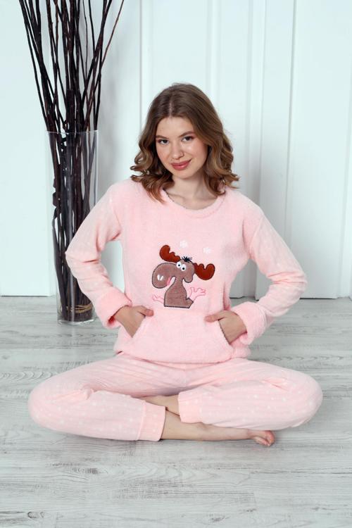 Fawn 04-3301 Peluş Welsoft Polar Kışlık Yumoş Geyikli Kadın Pijama Takımı