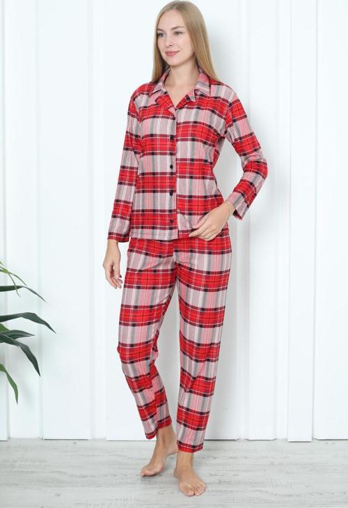 Mirano 3707 Boydan Düğmeli Soft Süet Kışlık Kareli Kadın Pijama Takımı