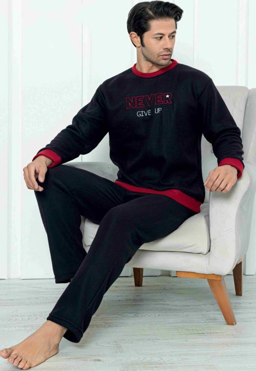 Falkom 7203 Yazılı Nakışlı Polar Kışlık Erkek Pijama Takımı Uyku Takımı