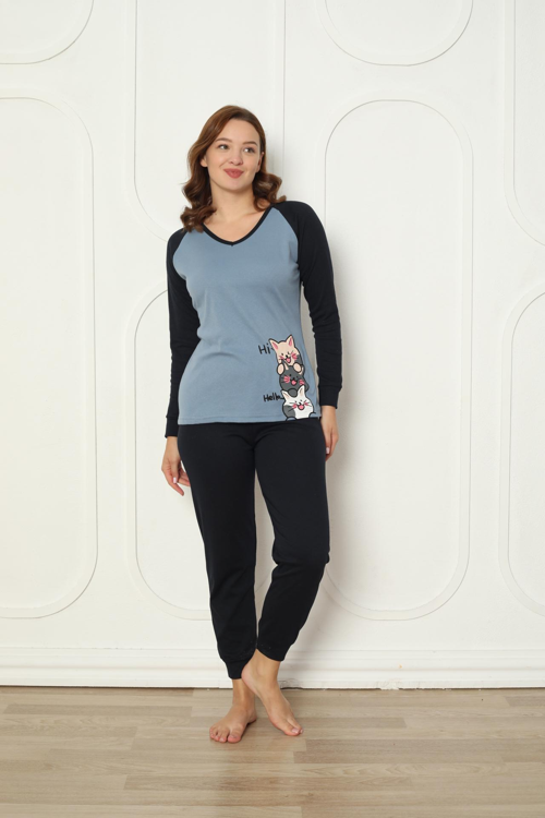 Fawn 04-3024 İnterlok Kumaş Minnoş Kedili Kışlık Ev Kadın Pijama Takımı