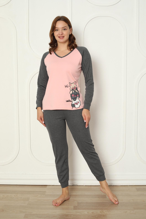 Fawn 04-3024 İnterlok Kumaş Minnoş Kedili Kışlık Ev Kadın Pijama Takımı