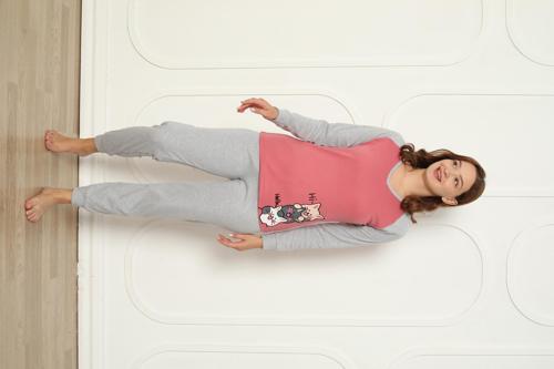 Fawn 04-3024 İnterlok Kumaş Minnoş Kedili Kışlık Ev Kadın Pijama Takımı