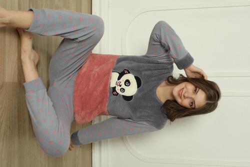 Fawn 04-3308 Peluş Welsoft Polar Kışlık Yumoş Pandalı Kadın Pijama Takımı