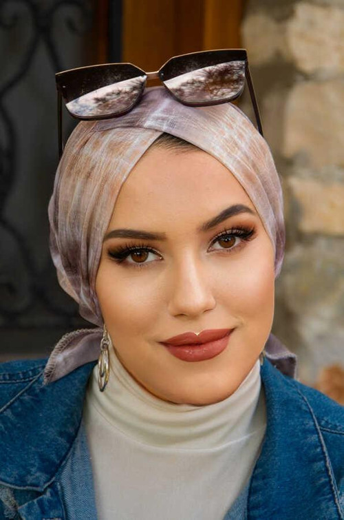 Taş Rengi Ebru Desenli Çapraz Bantlı Bone