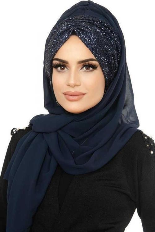 Lacivert Şifon Simli Abiye Şal