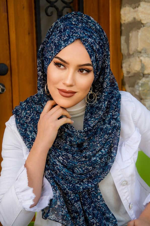 Lacivert Beyaz Batik Şifon Hazır Şal - 50600