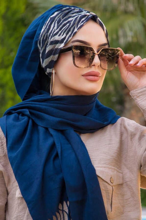 Lacivert Haki Feminen Desenli Hazır Şal
