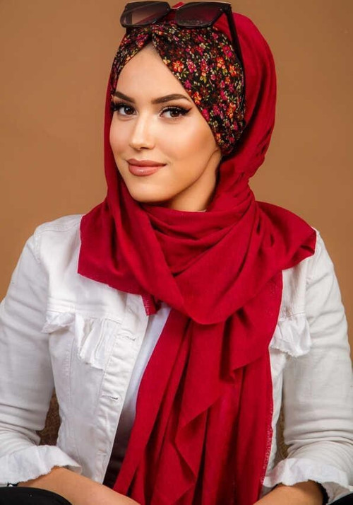Bordo Siyah Çiçek Desen Hazır Şal