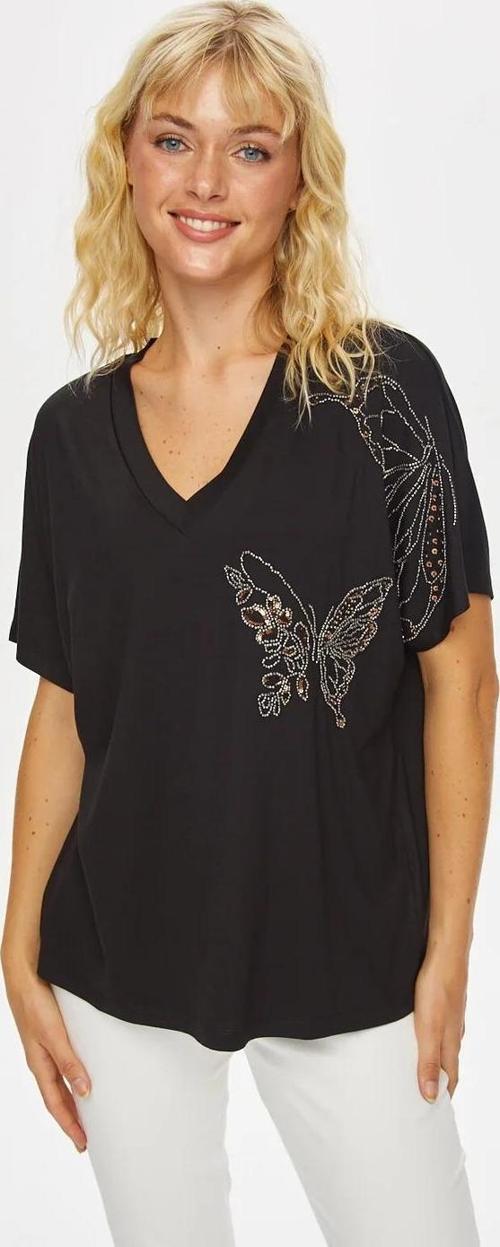 Kelebek Desen Boncuk Nakışlı V Yaka Kadın T-shirt 69578