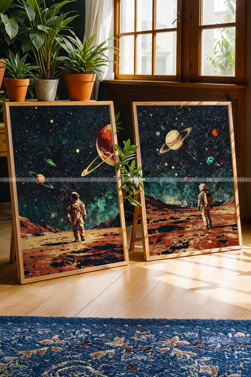 Uzay Temalı Astronot 2'li Ahşap Çerçeveli Tablo Seti 30x42