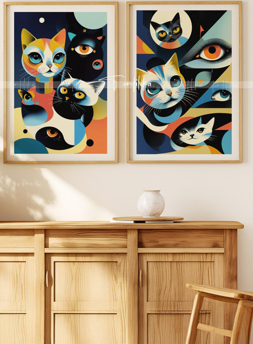 Modern Kedi Tasarımlı 2'li Ahşap Çerçeveli Tablo Seti-30x42