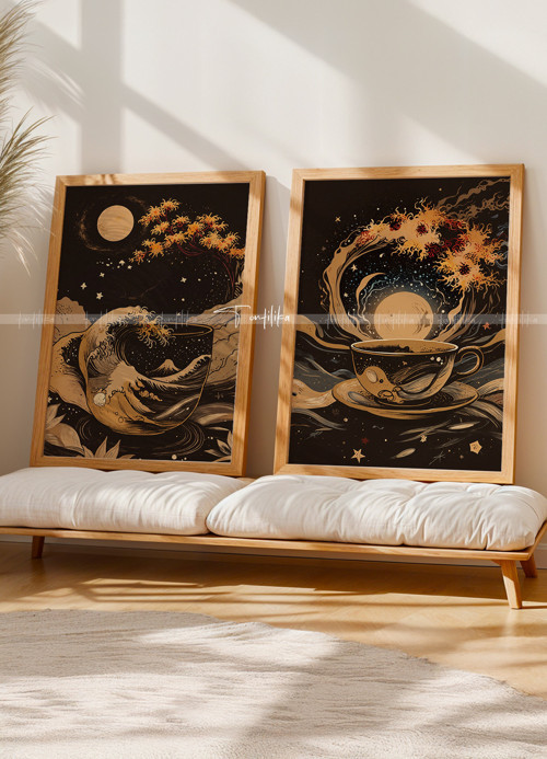 Japon Kahve Sanatı 2'li Çerçeveli Ahşap Tablo Seti-21x30