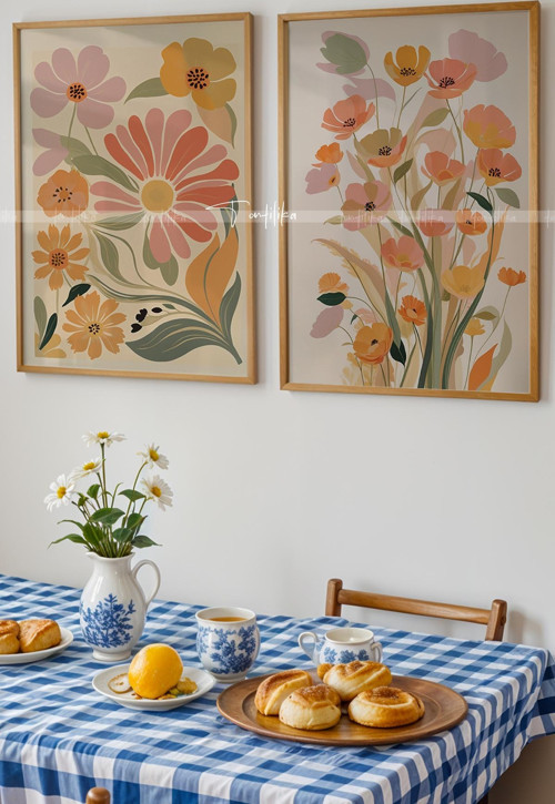 Pastel Çiçek Desenli Ahşap Çerçeveli 2'li Tablo Seti-2