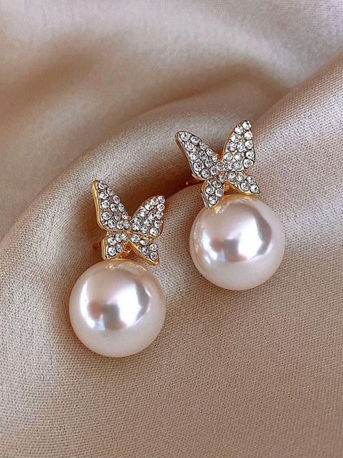 Özel Tasarım Butterfly Pearl Çok Hoş Kelebek Zirkon Taş Detaylı Zarif Elegant Inci Kadın Küpe